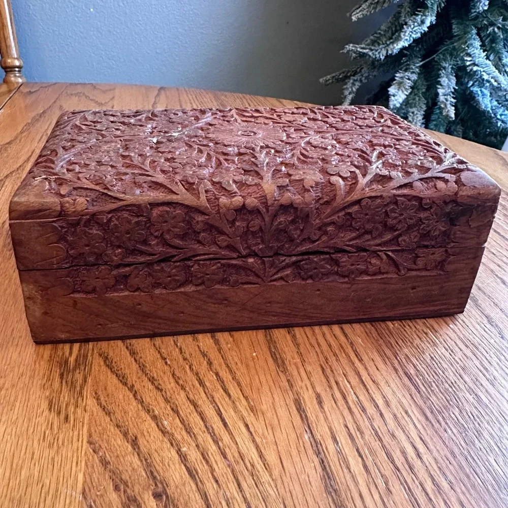Hand Carved Wood Trinket Box Set 2pc Brown Floral Vine Decor